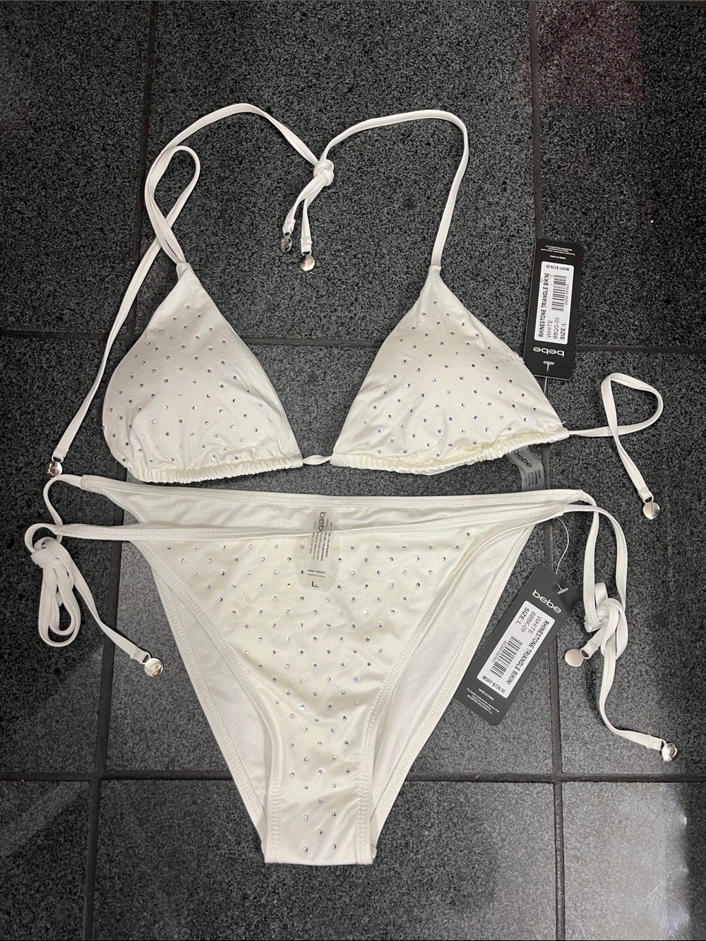 bebe White Rhinestone Triangle Tie-Side Bikini
